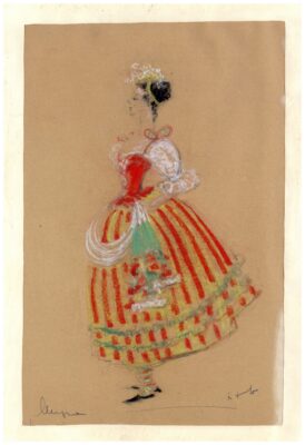 Mira Glišić, skica kostima za komediju Mirandolina, Jugoslovensko dramsko pozorište, 1953.