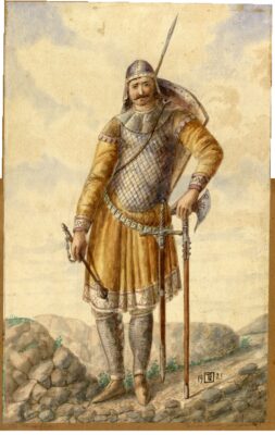 Vladislav Titelbah, skica kostima za srpskog oklopnika u drami Zadužbina, Narodno pozorište u Beogradu, 1891.